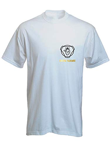 Unisex Trucker Kurzarm Shirt Weiss mit Gold-schwarzem Aufdruck Scania Greif Lenkrad Größe L und deinem individuellem Namen als Brustdruck von SHIRT-TO-GO