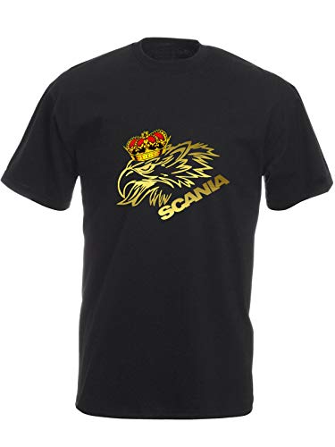 Unisex Trucker Kurzarm Shirt schwarz mit Gold farbenem Aufdruck Scania Greif Luxus Krone Größe M von SHIRT-TO-GO