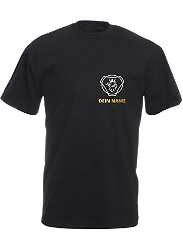 Unisex Trucker Kurzarm Shirt schwarz mit Gold-weißem Aufdruck Scania Greif Lenkrad Größe M und deinem individuellem Namen als Brustdruck von SHIRT-TO-GO