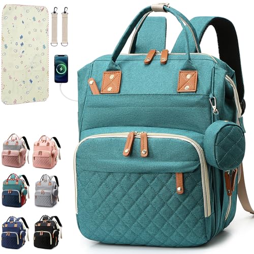 SHITIESHOU Wickeltasche, Rucksack, Babytasche, Mädchen, Jungen, Wickeltasche für Vater, Mutter, mit Pad, 16 Taschen, Grün , Large, Kompakt von SHITIESHOU