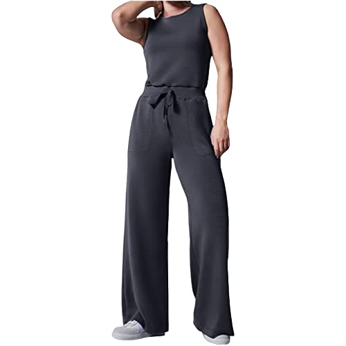 Air Essentials Jumpsuit Damen Elegant Casual Ärmelloser Einfarbiger Jumpsuits für Damen Mit Weitem Bein Rundhals Ausschnitt Jumpsuit Mit Taschen Elastischer Hohen Taille Kordelzug Romper Overall Damen von SHITOUJI