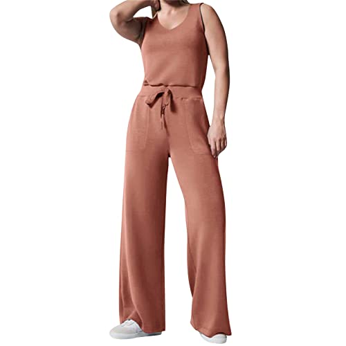 Air Essentials Jumpsuit Damen Elegant Casual Ärmelloser Einfarbiger Jumpsuits für Damen Mit Weitem Bein Rundhals Ausschnitt Jumpsuit Mit Taschen Elastischer Hohen Taille Kordelzug Romper Overall Damen von SHITOUJI