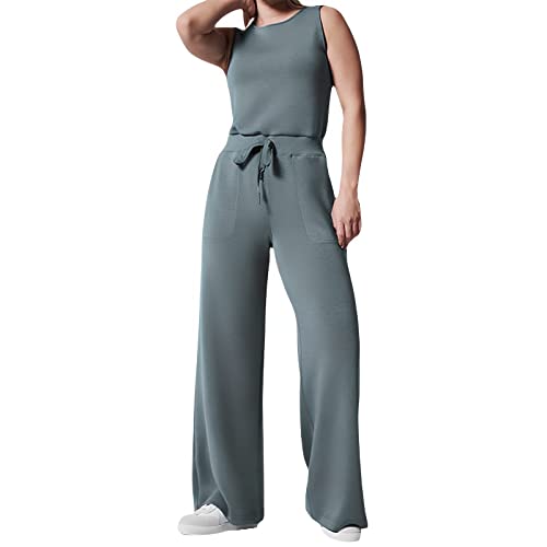 Air Essentials Jumpsuit Damen Elegant Casual Ärmelloser Einfarbiger Jumpsuits für Damen Mit Weitem Bein Rundhals Ausschnitt Jumpsuit Mit Taschen Elastischer Hohen Taille Kordelzug Romper Overall Damen von SHITOUJI