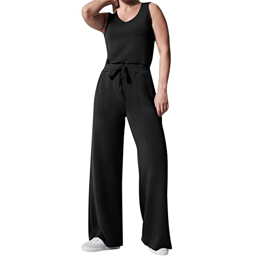 Air Essentials Jumpsuit Damen Elegant Casual Ärmelloser Einfarbiger Jumpsuits für Damen Mit Weitem Bein Rundhals Ausschnitt Jumpsuit Mit Taschen Elastischer Hohen Taille Kordelzug Romper Overall Damen von SHITOUJI