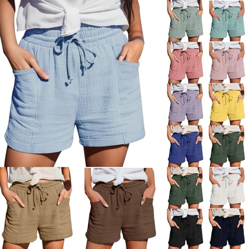 Damen Shorts Sommer Mode Lässige Musselin Hose mit Hoher Taille Gerades Bein Sport Freizeit Lockere Shorts mit Kordelzug Kurze Hose mit Taschen Gummiband Freizeit Stoffhose Strandhose Badeshorts von SHITOUJI