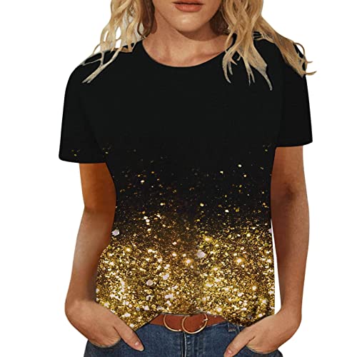 Glitzer Tshirt Damen Oberteile Stern Pailletten mit Gold Print Rundhals Kurzarm Bluse Lässige Tees Pullover Frühlings Herbst Basic Shirt All Match Tunika Tops Geschenk Mädchen von SHITOUJI