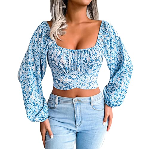 SHITOUJI Crop Tops Damen Langarm Bluse Elegant Laternenärmel Schulterfrei Kurzes Oberteile Tops Hemd Wickelshirt Einfarbig Quadratischer Hals Bauchfrei Trägerloses Crop Langarmshirt mit Bow-Knot von SHITOUJI