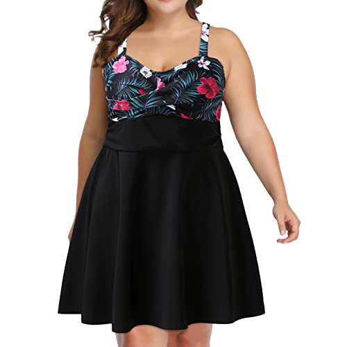 SHITOUJI Damen Badeanzug Push Up Badekleid Figurformender Badeanzug Badeanzüge für Frauen, zweiteilig, Tankinis in Übergröße, mit hoher Taille, Volant-Schwimmkleid mit Shorts (Black, XXXL) von SHITOUJI