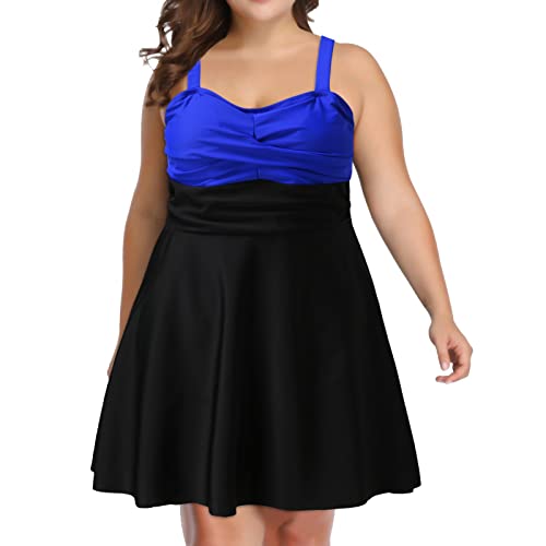 SHITOUJI Damen Badeanzug Push Up Badekleid Figurformender Badeanzug Badeanzüge für Frauen, zweiteilig, Tankinis in Übergröße, mit hoher Taille, Volant-Schwimmkleid mit Shorts (Blue, XXL) von SHITOUJI