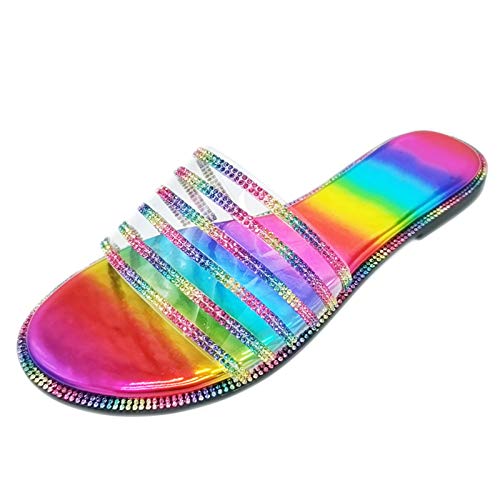 SHITOUJI Damen Badeschuhe Regenbogen Slippers Freizeitschuhe Pantolette Sommerschuhe Transparent Glitzer Strass Licht Flache Schuhe (Multicolor, 39) von SHITOUJI