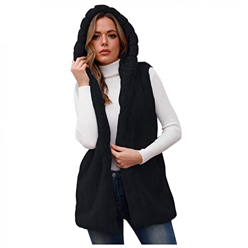 SHITOUJI Damen Fleeceweste Ärmellos mit Kapuze Plüschweste Hoodies Long Teddyfleece-Mantelweste Cardigan Steppweste Plüschjacke Plüsch Weste Winterjacke mit Kapuze von SHITOUJI