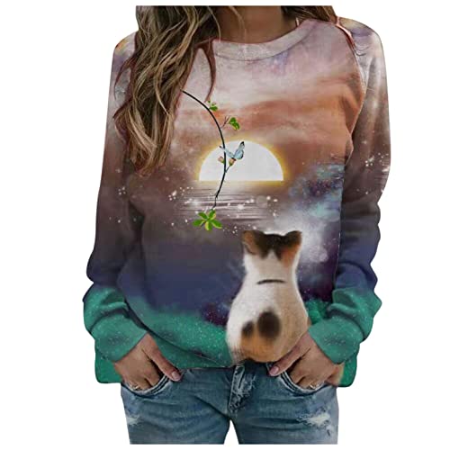 SHITOUJI Damen Katze Sweatshirt Pullover Tier Bedruckt Shirts Langarm Rundhals Oberteile Pulli 3D Katzenmotiv Tops Langarmshirt von SHITOUJI