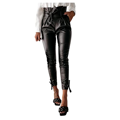 SHITOUJI Damen Leder Hose High Waist Elegant Lederoptik Matt Paperbag Pants Kunstlederhose Coated Pants Bleistifthose Karottenhose Mit Hoher Bund Gürtel Lederhose Freizeithose von SHITOUJI