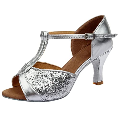 SHITOUJI Damen Standard Latein Tanzschuhe T-Strap Kitten Heel Pumps High Heels mit Riemchen Geschlossen Spangenpumps Glitzer Schlüpfen Party Salsa Tango Schuhe Hochzeitsschuhe Offene Toe Tanz Schuhe von SHITOUJI