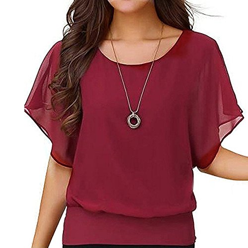 SHITOUJI Damen T-Shirt Kurzarm Fledermaus Batwing Chiffon Bluse Rundkragen Oberteile Tunika Tops Wickelshirt Tunika Kurzarmshirt Sommershirt Casual Lose Bequem Blusenshirt Große Größen von SHITOUJI