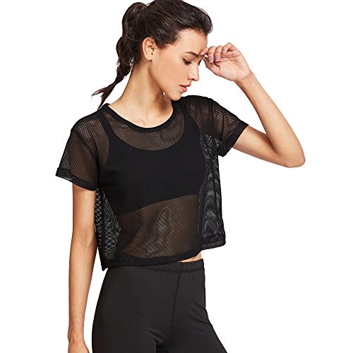 SHITOUJI Damen T-Shirt Transparent Mesh Netz Sportweste Zweiteiliges Kurzarm Shirts Oberteile Top Sexy Crop Top Bluse Hemd Sommer Cusual Loose Tshirt von SHITOUJI