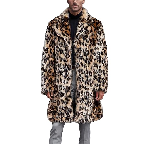 Herren Pelzmantel Leopard/Tiger Muster Warme Winterjacke Kunstpelz Mantel Flauschige Fellmantel Mode Mittlere Lange Parka Jacke Plüschjacke Wintermantel von SHITOUJI