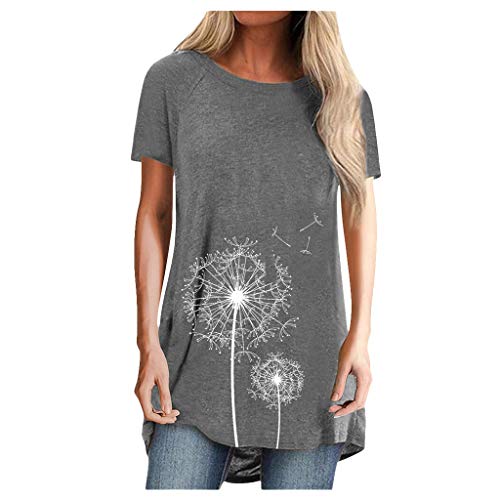 SHITOUJI Longshirt Damen Kurzarm Tunika Oversize Tshirts Longbluse Casual Kurzarm Oberteile Löwenzahn Sommer T-Shirt Große Größen Lange Bluse Kurzarm Locker Sommershirts Für Frauen Boho Hippie Blusen von SHITOUJI