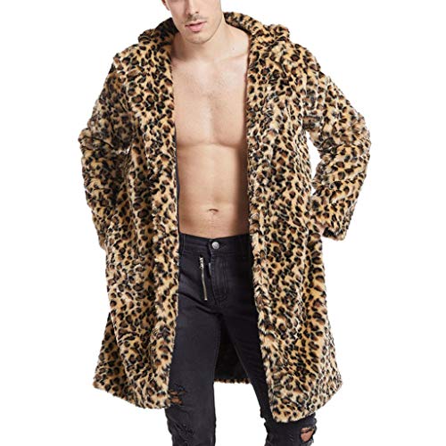 SHITOUJI Pelzmantel Herren Fellmantel Lang Plüschjacke Kunstpelz Jacke Winterjacke mit Leopardenmuster Faux Pelz Kunstfell Mantel Winter Warm Fell Parkamantel Revers Langarm Pelzjacke von SHITOUJI