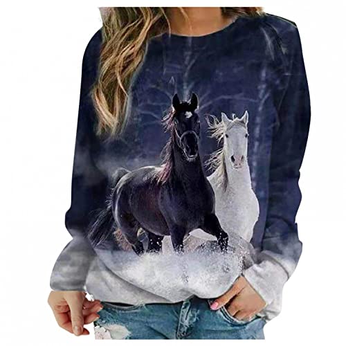 SHITOUJI Sweatshirt Damen 3D Pferd Motiv Druck Pullover Langarm Rundhals Oberteile Bluse Lustig Tiermotiv Langarmshirt Casual Lose Basic Tshirt Pullis Jumper Tunika Top von SHITOUJI