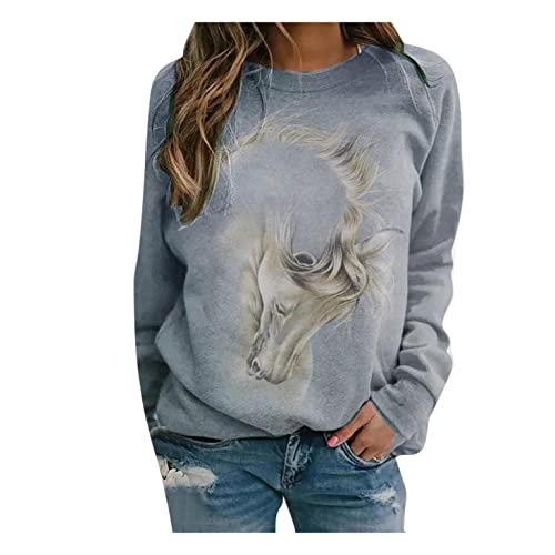 SHITOUJI Sweatshirt Damen 3D Pferd Motiv Druck Pullover Langarm Rundhals Oberteile Bluse Lustig Tiermotiv Langarmshirt Casual Lose Basic Tshirt Pullis Jumper Tunika Top von SHITOUJI