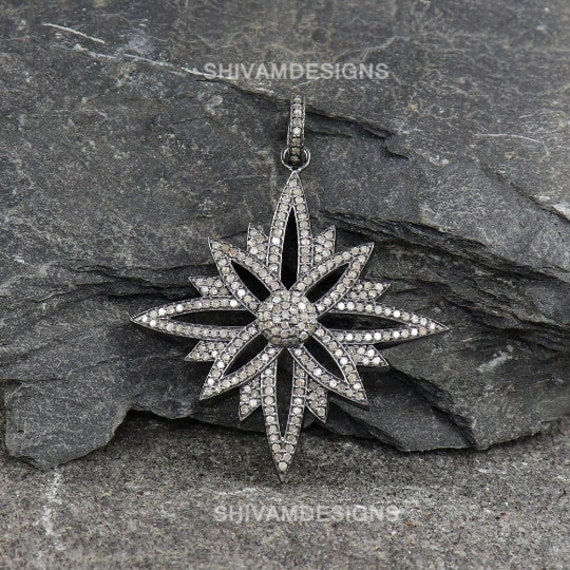 Pave Diamant Anhänger, Halskette, Starburst Big Star Echter Charme, 925 Sterling Silber Geschenk Für Sie von SHIVAMDESIGNSIND