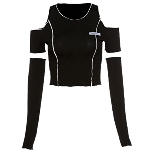 Patchwork Schwarze T-Shirts Gothic One Shoulder Sleeve Y2k Crop Tops Rüschen Saum Hip Hop Techwear-Schwarz, S von SHIYAN