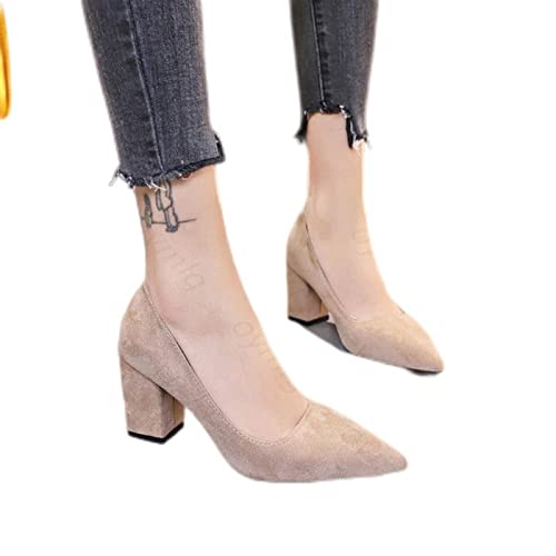 SHIYAN Damen-Pumps mit Beflockung, süß, klobig, High Heels, feminin, Büro, spitzes Kleid, Arbeitspumps, niedliche Schuhe, Damenschuhe, Aprikose, 38 von SHIYAN