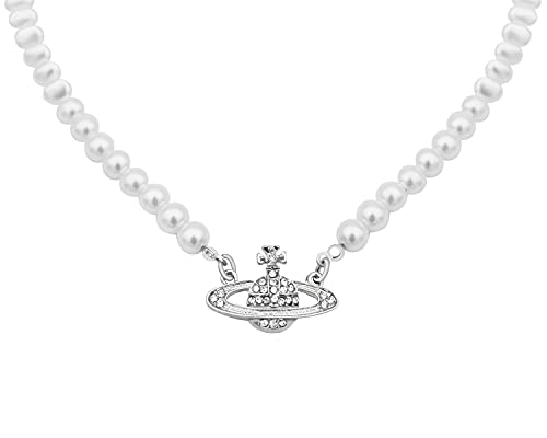 SHIYOUO Saturn Perlenkette, Planet Perlenkette Damen Choker Saturn Perlenkette Silber für Frau Freundin Mutter Tochter Geschenk(Silber) von SHIYOUO