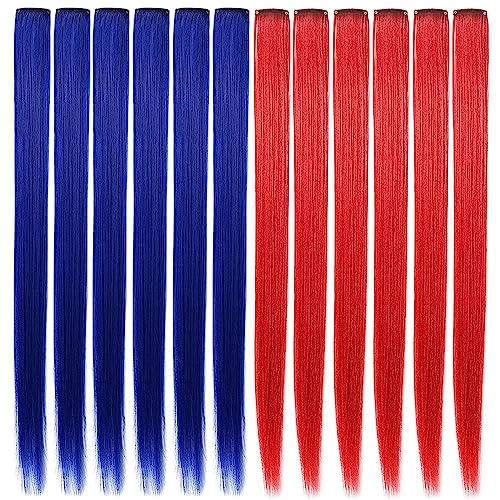 SHKJCHP 12 Stück Blau Rot Haarverlängerungen Clip Damen Mode Mädchen Kostüm Perücken Cosplay 21"/55cm Langes Glattes Haar Hitzebeständige Perückenteile (Blau Rot) von SHKJCHP