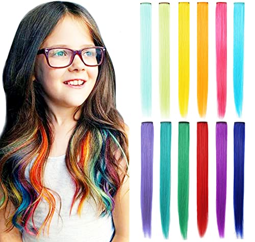 SHKJCHP 12 Stück Farbige Haarverlängerungen Highlights 21 Zoll Langes Glattes Haarsträhnen Zum Einklipsen Farbiger Clip in Haarverlängerungen Bunte Haarsträhnen für Damen von SHKJCHP