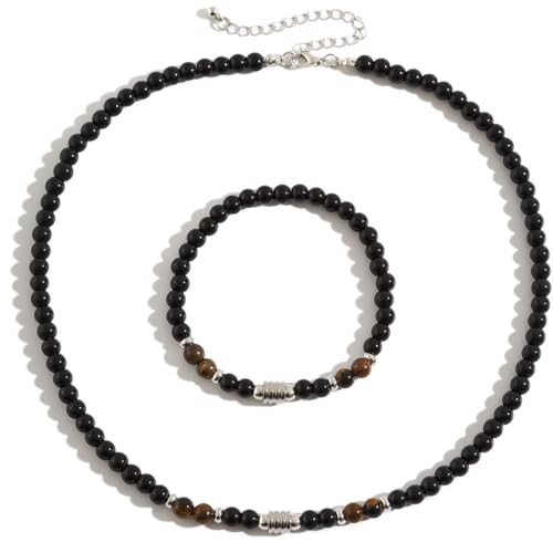 SHLWYG Tigerauge-Stein-Perlenketten-Set,Herren-Naturstein-Perlen-Halsketten-Armband-Set, Modeschmuckkette, neues Schmuckset von SHLWYG