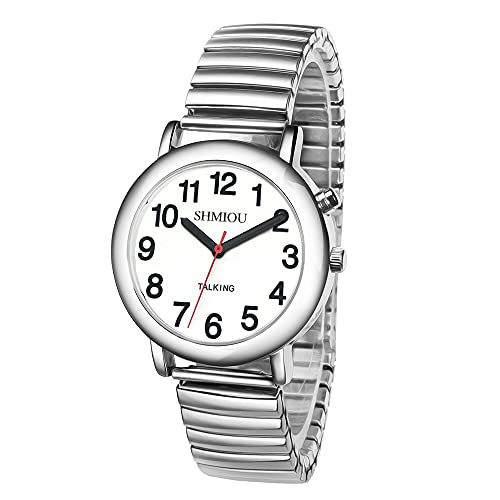 SHMIOU Englisch sprechende Armbanduhr Unisex für Blinde Sehbehinderte ältere Mann Frau Männer Damen Expansionsband Quarz mit Alarm, weißes Zifferblatt, silberner Rahmen, Adidas Sportschuhe mit von SHMIOU