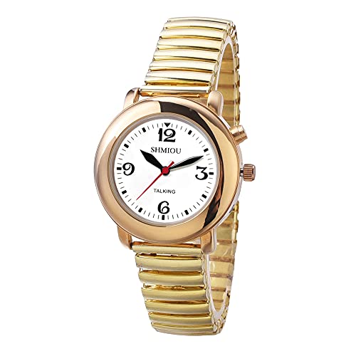 SHMIOU Englisch sprechende Armbanduhr für Frauen, goldfarben, für Senioren, Blinde, Sehbehinderte Armband, Erweiterungsarmband, analoge Stimme mit Alarm, Datumsanzeige, gold, Armband von SHMIOU