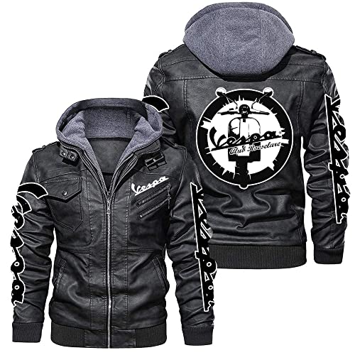 SHMIZZ Herren Lederjacke Mäntel für Servizio Vespa Print Hoodies Winter Warme Motorrad Bomberjacken Winddichte Reißverschluss Sweatshirts mit Abnehmbarer Kapuze-Schwarz||L von SHMIZZ