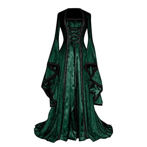 Halloween KostüM Damen Gruselig Damenkleid Retro-Stil, einfarbig, Trompetenärmel, langes Prinzessinnenkleid Mittelalterliche Schuhe Frau (Green, XL) von SHOBDW
