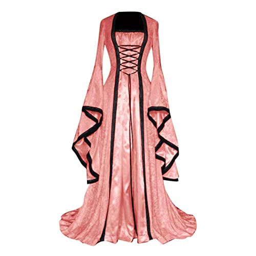 Halloween KostüM Damen Gruselig Damenkleid Retro-Stil, einfarbig, Trompetenärmel, langes Prinzessinnenkleid Mittelalterliche Schuhe Frau (Pink, XXXL) von SHOBDW