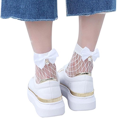 SHOBDW Damen Netzsocken, Frauen Ruffle Netzsknöchelstrümpfe Mesh-Spitze Fisch-Netz kurze Socken (Weiß) von SHOBDW