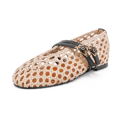 SHOBOO Damen Gewebte Mary Jane Flats - Mesh Ballerinas mit verstellbarem Doppelmetallschnallenriemen und runder Zehenpartie, Hautfarben, 39.5 EU von SHOBOO