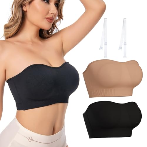 2 Stück Bandeau BH Damen Trägerloser BH Push Up Bustier Top ohne Bügel Schulterfrei Bra Tube Top mit Rutschfester Silikon Transparente Träger Beige+Schwarz S von SHOCHX