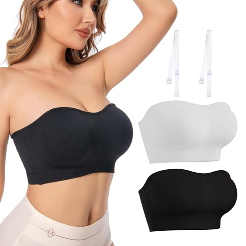 2 Stück Bandeau BH Damen Trägerloser BH Push Up Bustier Top ohne Bügel Schulterfrei Bra Tube Top mit Rutschfester Silikon Transparente Träger Schwarz+Weiß M von SHOCHX