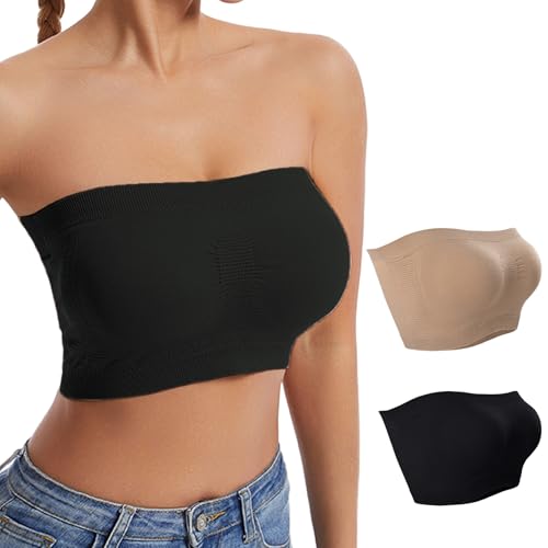 2 Stück Damen Trägerloser BH Push Up Bandeau BH ohne Träger Bandeau Top Gepolstert Damen Strapless Bra ohne Bügel Beige+Schwarz XL von SHOCHX
