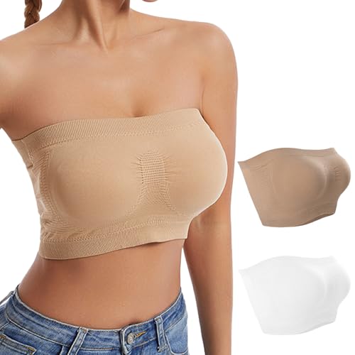 2 Stück Damen Trägerloser BH Push Up Bandeau BH ohne Träger Bandeau Top Gepolstert Damen Strapless Bra ohne Bügel Weiß+Beige M von SHOCHX