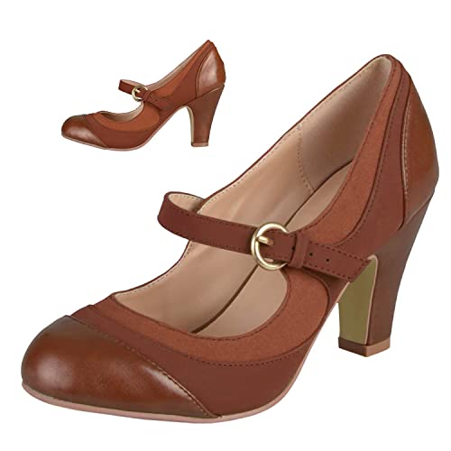 SHODENSE Damen Kätzchen Absatz Mary Jane Pumps Geschlossene Runde Zehenpartie Knöchelriemen Patchwork Bequem 7,6 cm Mid Chunky Mary Jane Heels Cap Toe Zweifarbige Schnalle Kleid Schuhe Damen Party von SHODENSE