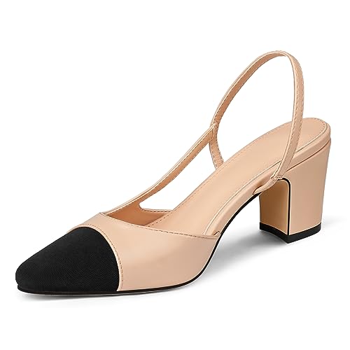 Shoexy Slingbacks Heels für Frauen Zweifarbige Schuhe Block Heels Casual Hochzeit Kleid Schuhe, Klassisch Nude-Schwarz gemischt, 42 EU von SHOEXY