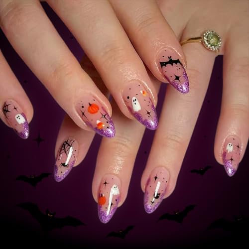Halloween Press on Nails Mittellang Glitzernd Lila French Tip Halloween Nägel mit Geist Motiv 24 Stück Set für Frauen von SHOFUL