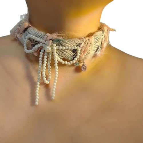 SHOOYIO Elegante pelzige Schleifen-Halskette, Perlen, Perlen, Schleifen, Anhänger, Schlüsselbein-Kette, Plüsch-Kette, Ornament für Frauen von SHOOYIO