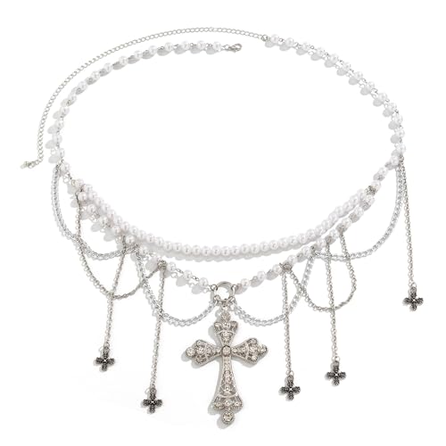 SHOOYIO Quasten Kreuz künstliche Perle Taille Kette Glänzende Bauchkette für weibliche Mädchen Steampunk Taille Dekor Frauen Zubehör von SHOOYIO