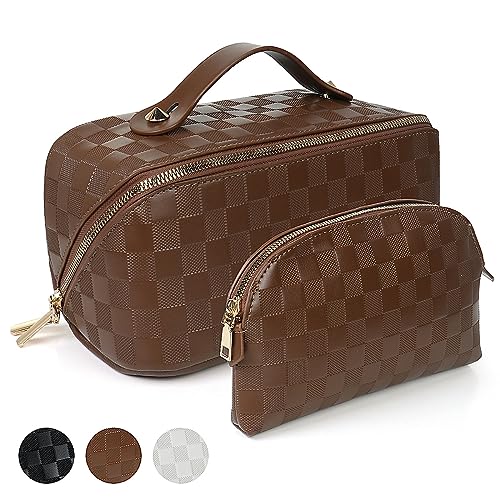 SHOPANTS Extra große Make-up-Tasche Reise-Kosmetiktasche für Frauen Tragbare PU Leder Wasserdicht Make up Tasche Set Karierte Kosmetiktaschen mit Griff Trennwand Kulturbeutel, Braun, Große Kapazität von SHOPANTS