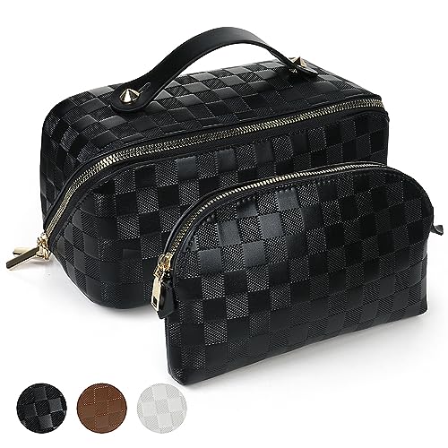 SHOPANTS Extra große Make-up-Tasche Reise-Kosmetiktasche für Frauen Tragbare PU Leder Wasserdicht Make up Tasche Set Karierte Kosmetiktaschen mit Griff Trennwand Kulturbeutel, Schwarz, Große Kapazität von SHOPANTS